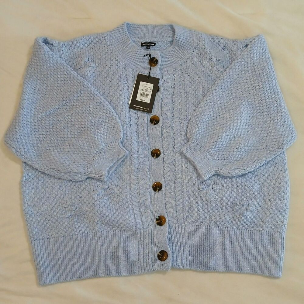 Who What Wear Texture Wool Blend Stitch Blue Cardigan Volume Sleeve NWT Women 3X